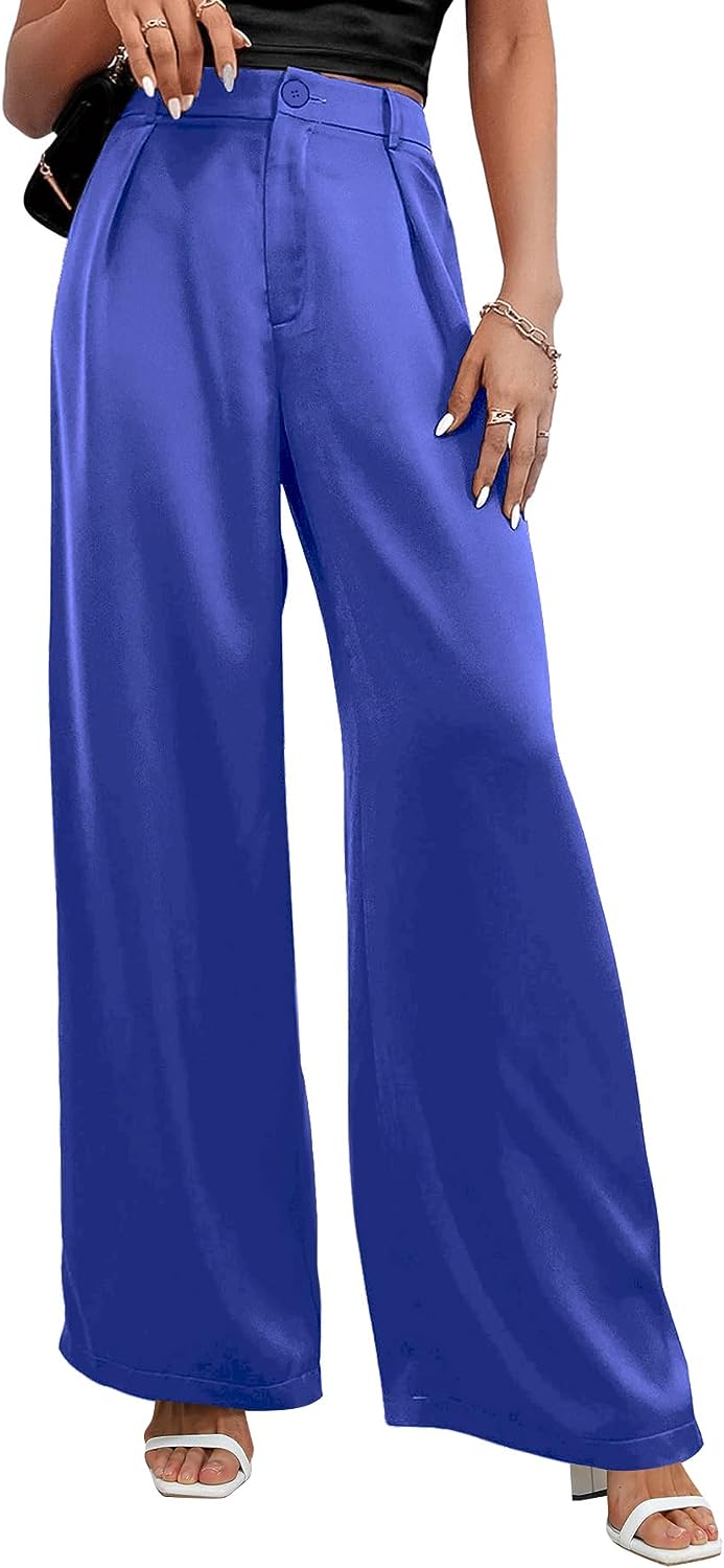 SweatyRocks Women's High Elastic Waist Solid Pants Wide Leg Loose Fit  Casual Trousers