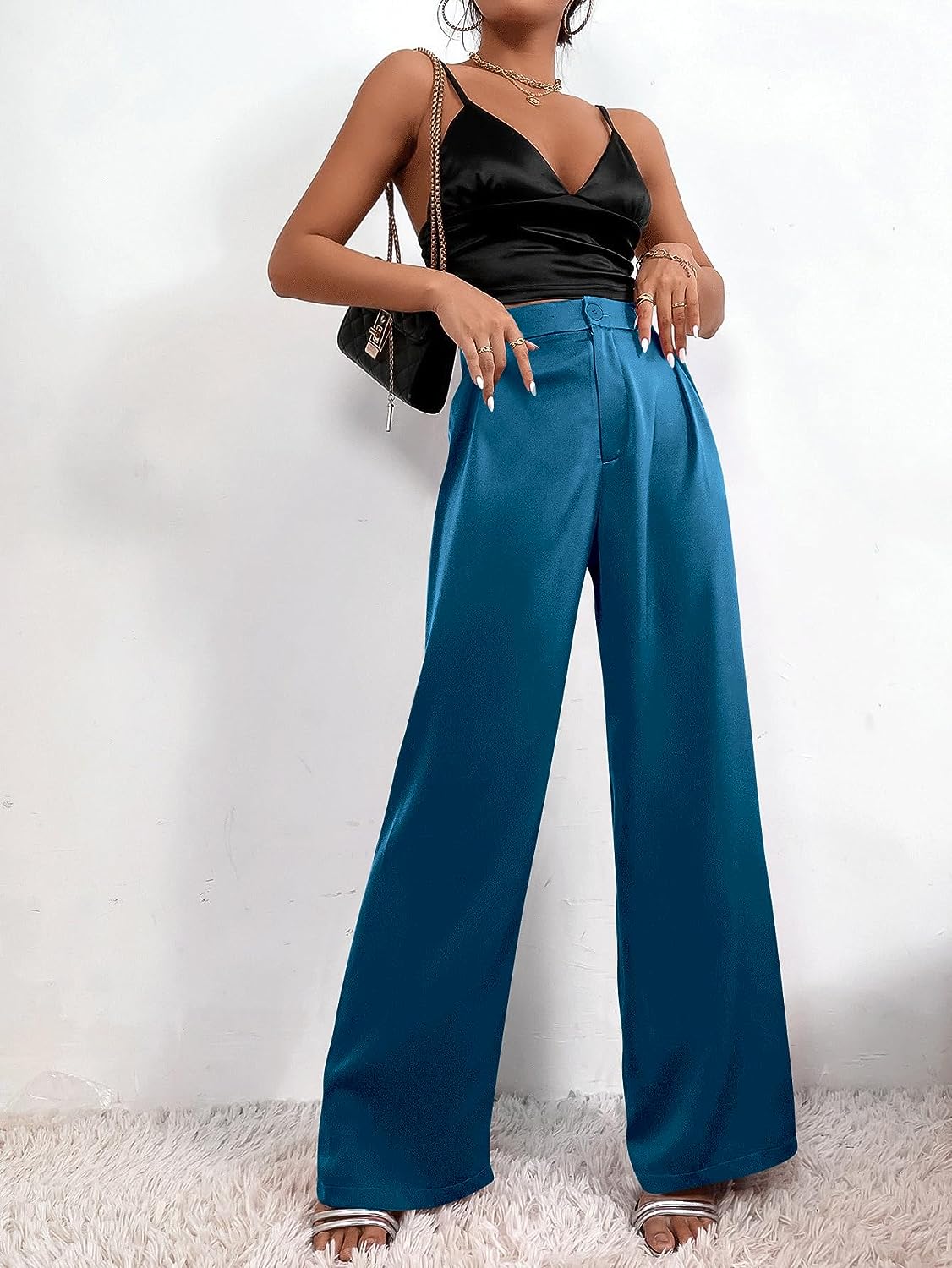 SweatyRocks Women's High Waist Satin Wide Leg Pants Casual Work Office Faux  Silk Long Trousers with Pockets : : Clothing, Shoes & Accessories